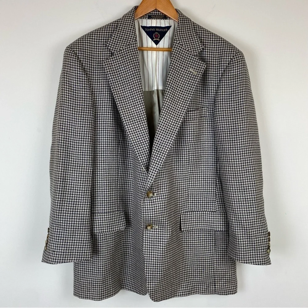 Vintage 90s Tommy Hilfiger Houndstooth Black Tan Two-Button Blazer, Size 44R‎
